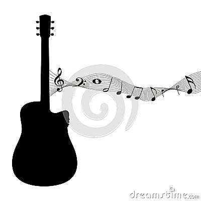 Guitar Silhouette With Music Notes - Black Vector Illustration - Isolated On White Background Stock Photo