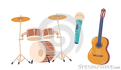 Guitar, Stringed Instrument Producing Melodic Notes Through Plucking Or Strumming. Drum, Percussion Instrument Vector Illustration