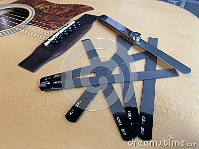 Guitar tools Gauged Nut Slotting File Set. Stock Photo