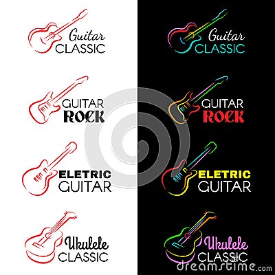 Guitar and ukulele line draw logo vector set design Vector Illustration