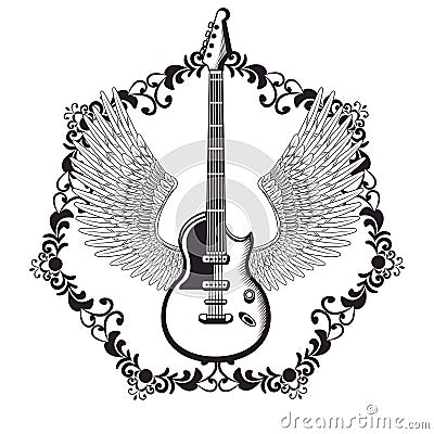 Guitar and wings drawn tattoo icon Vector Illustration