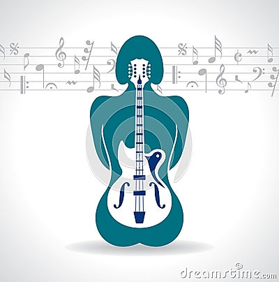 Guitar in womans body icon Vector Illustration