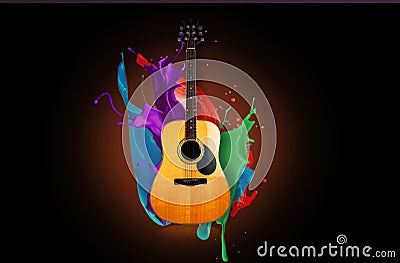 Guitar wood water splash refreshing multicolored waterproof background light abstract musical instrument idea bright sound music Editorial Stock Photo