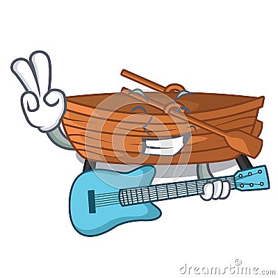 With guitar wooden boat sail at sea character Vector Illustration