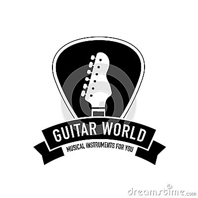 Guitar world music logo plectrum shape with ribbon. Best for musical instruments shop Vector Illustration