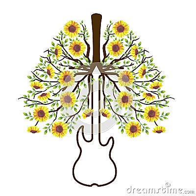 Guitar with yellow sunflower forming healthy lungs and bronchial tree organ anatomy Vector Illustration