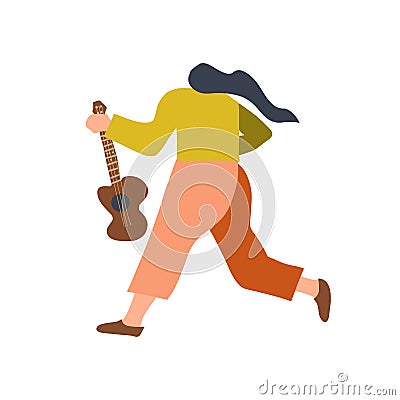 Guitarist with acoustic guitar. Back view of funny music rock star character. Flat vector doodle illustration Cartoon Illustration