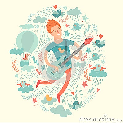 Guitarist, cartoon hipster playing guitar on a colorful background Vector Illustration