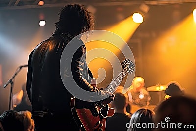 Guitarist in front of the crowd at a live concert. A guitarist full rear view playing the guitar, AI Generated Stock Photo