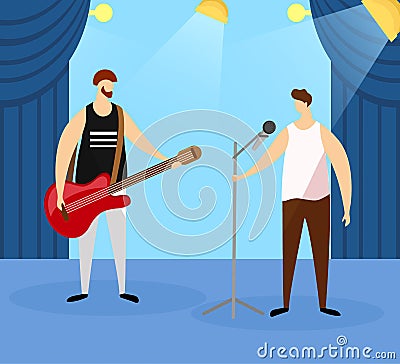 Male Artists Playing Electric Guitar and Singing. Vector Illustration