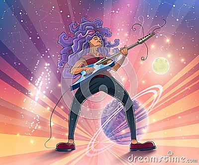 Guitarist on stage with a guitar on space background with planets, galaxies and stars. Music player with instrument on a concert Vector Illustration