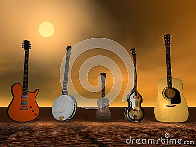 Guitars, banjo and ukulele Stock Photo