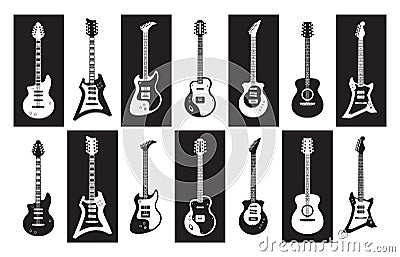 Guitars. Black and white electric and acoustic rock guitars of different types. Vector minimalist isolated set Vector Illustration