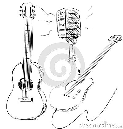 Guitars and microphone sketches. Vector Illustration