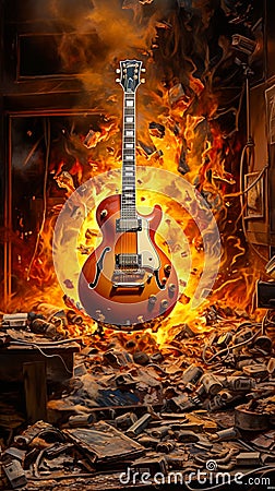 Guitars Music Objects with fire generative AI Stock Photo