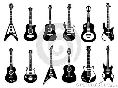 Guitars silhouette. Black electric and acoustic music instrument, rock jazz guitar silhouette, music band guitars vector Vector Illustration