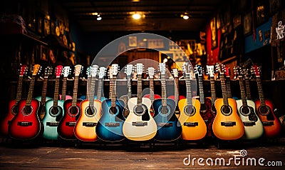 Guitars standing in music center. Electric musical instruments. Generative AI Stock Photo