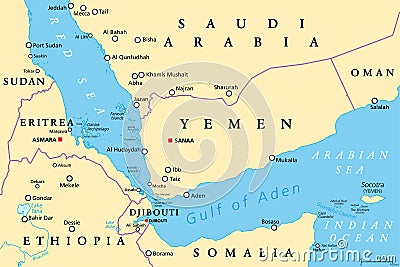 Gulf of Aden area, connecting Red Sea and Arabian Sea, political map Vector Illustration