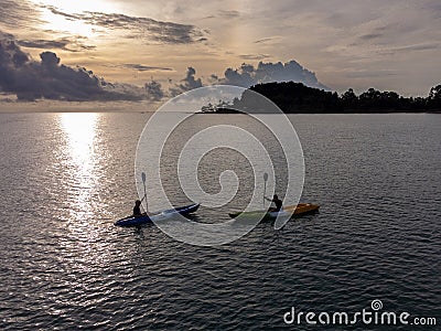 Unidentified two men on sea Kayaker Aerial View. Editorial Stock Photo