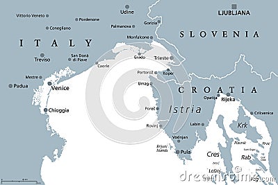 Gulf of Venice, bay of water in the Adriatic Sea, gray political map Vector Illustration