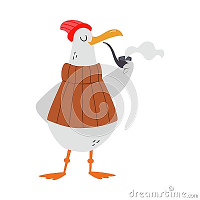 Gull Character with Webbed Feet Wearing Sweater and Hat Smoking Pipe Vector Illustration Vector Illustration