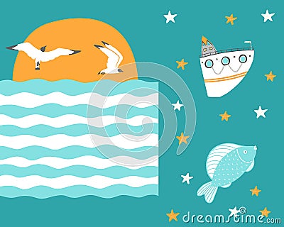 Seamless background with gulls at sunset and ship and fish Vector Illustration