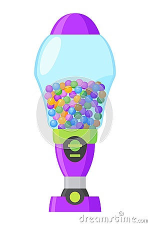 Gumball machine icon. Transparent round glass candy dispenser with colorful bubble gum. Vending machine. Container Cartoon Illustration