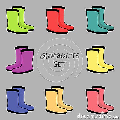 Set of rubber boots in different colours. Vector Illustration
