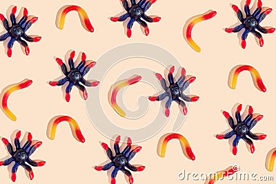 Gummy Worm, spider. Halloween patterns Stock Photo