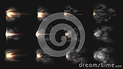 Gun flash. Realistic muzzle flash and shotgun fire and smoke special effects isolated on transparent background. Vector Vector Illustration