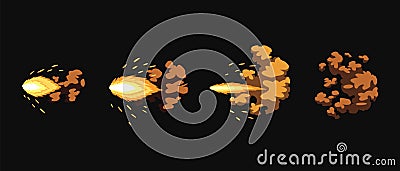 Gun flashes or gunshot animation. Fire explosion effect during the shot with the gun. Cartoon flash effect of bullet Vector Illustration