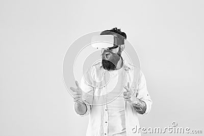 Gun gesture. Shooting gallery. Man virtual reality headset. First person shooter. Play game. Gaming hobby. Cyber gaming Stock Photo