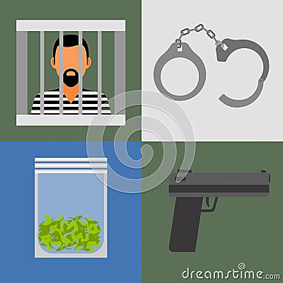 Gun, prison and drugs icons Vector Illustration