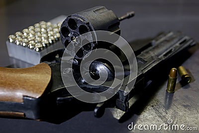 Gun Revolver Pistol Weapon and bullets Stock Photo