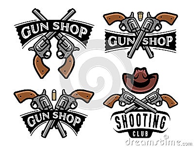 Gun shop, Shooting club badge or logo. Pistol, revolver symbol set. Weapon emblem vector illustration Vector Illustration