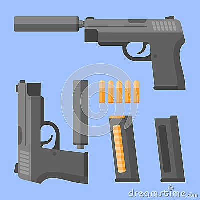 Gun with silencer, magazine and cartridges. Automatic pistol in flat style. Vector illustration. Vector Illustration