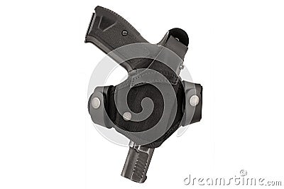 The gun in a tactical leather holster. Isolated Stock Photo