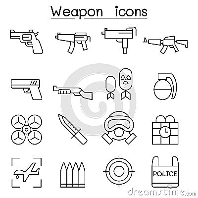 Gun & Weapon icon set in thin line style Vector Illustration