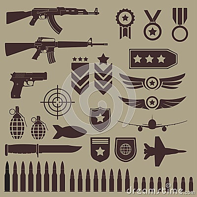 Gun, weapons and military icon set. Sub machine guns, pistol and bullets icons. Symbolics and badge for army. Vector illustration. Vector Illustration