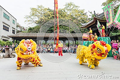 Lion Dance at Foshan Ancestral Temple(Zumiao Temple). a famous historic site in Foshan, Guangdong, China. Editorial Stock Photo