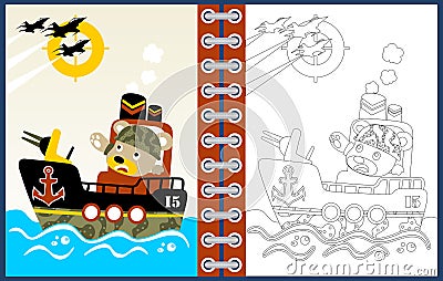 Gunboat cartoon with funny soldier, coloring page or book Vector Illustration