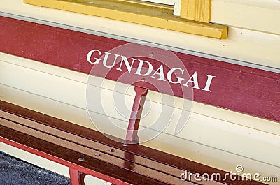 The sign on sitting bench at Gundagai Train Station Editorial Stock Photo