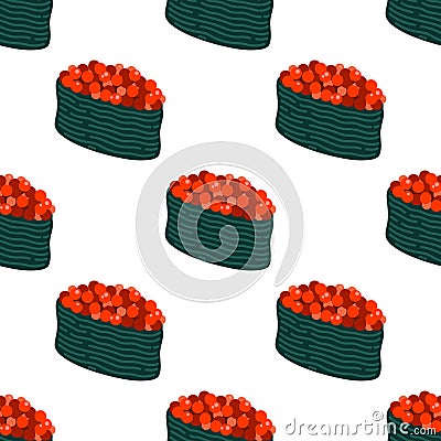 Gunkan seamless vector pattern. Traditional Japanese snack with red caviar, rice wrapped in nori seaweed. Tasty Asian seafood. Vector Illustration