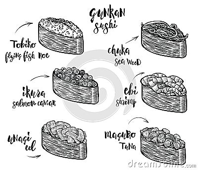 Gunkan sushi species. Isolated line sushi illustrations on white background. Japanese food. Vector Illustration
