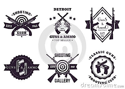 Guns, vintage logos with rifles, revolver, pistols Vector Illustration