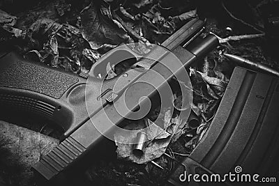 Guns and bullet, Weapons and military equipment for army, 9mm pistol. Stock Photo