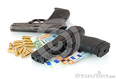 Guns, money, bullets isolated on white background with shadow reflection. Stock Photo