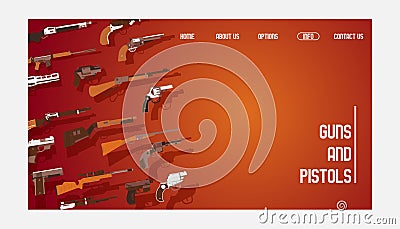 Guns and pistols banner website design vector illustration. Automatic weapons, machine, pistolsrifle. Military combat Vector Illustration