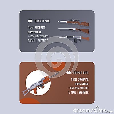 Guns and vinchesters store or shop set of business cards vector illustration. Automatic weapons, machine, pistolsrifle Vector Illustration