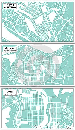 Gunsan, Gumi and Goyang South Korea City Maps Set in Retro Style Stock Photo